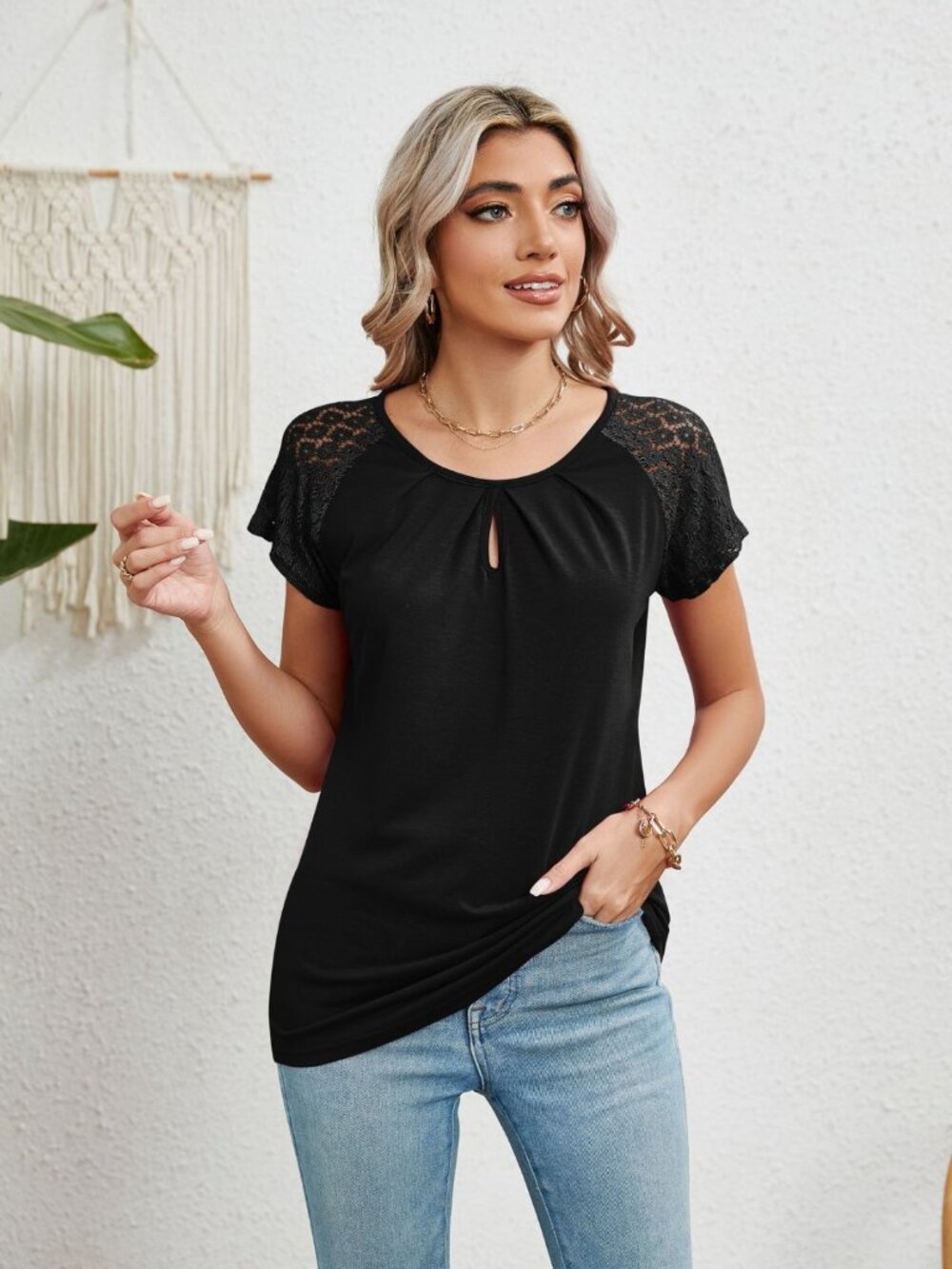 Black Lace Detail Round Neck Short Sleeve T-Shirt